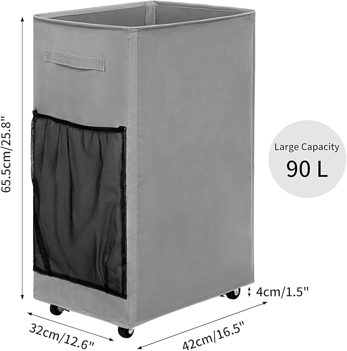 Chrislley 90L Rolling Laundry Basket Large Laundry Hamper with Wheels Collapsible Hamper Tall Storage Cart Foldable Clothes Organizer (Grey)