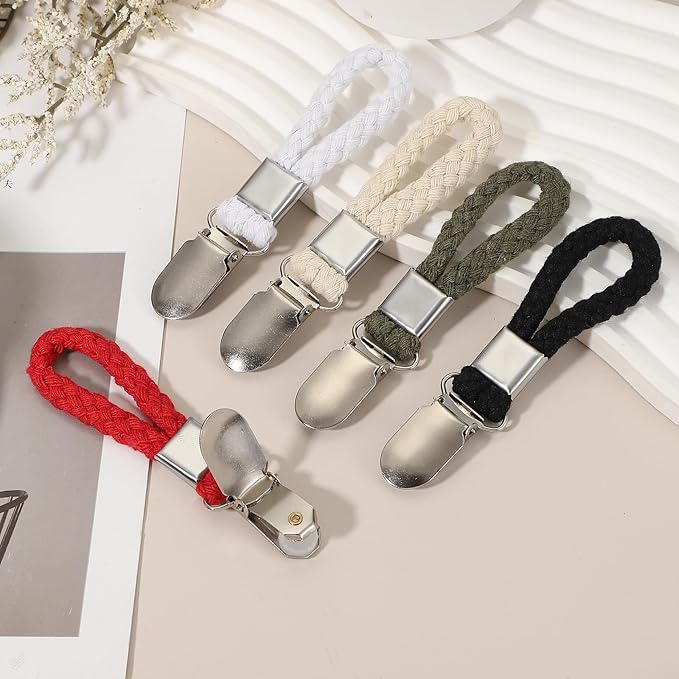 uxcell 4 Pcs Tea Towel Clips with Cotton Loop for Hanging, 4.3 Inch Metal Towel Hooks Multipurpose Cloth Hangers for Home Kitchen Bathroom, White