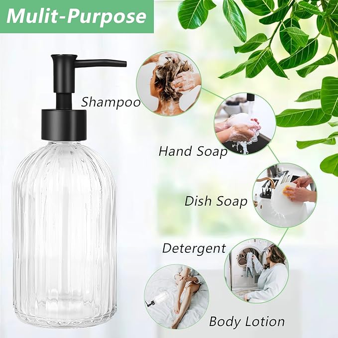 Clear Glass Soap Dispenser with Pump, 13.5oz Glass Striped Hand Soap Dispenser, Refillable Hand Liquid Dispenser Set for Modern Home Decor, Bathroom, Kitchen Countertop, Dish Soap, Lotion (2 Pack)
