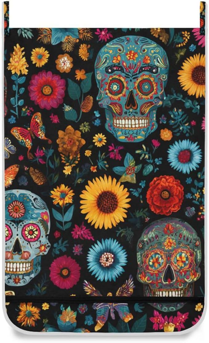 Mexican Skulls and Flowers Hanging Laundry Hamper Door Hampers Bag Basket with Stainless Steel Hooks Oxford Fabric Printing Decorative Clothes Bags 29.5X20inch 1Pack
