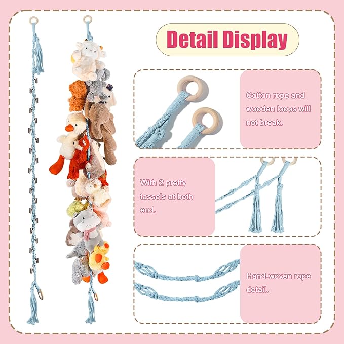 80" Cotton Hanging Storage Chain For Stuffed Animals Storage with 40 Metal Clips, Stuffed Animal Organizer Chain for Wall Corner Nursery Play Room, Baby Blue