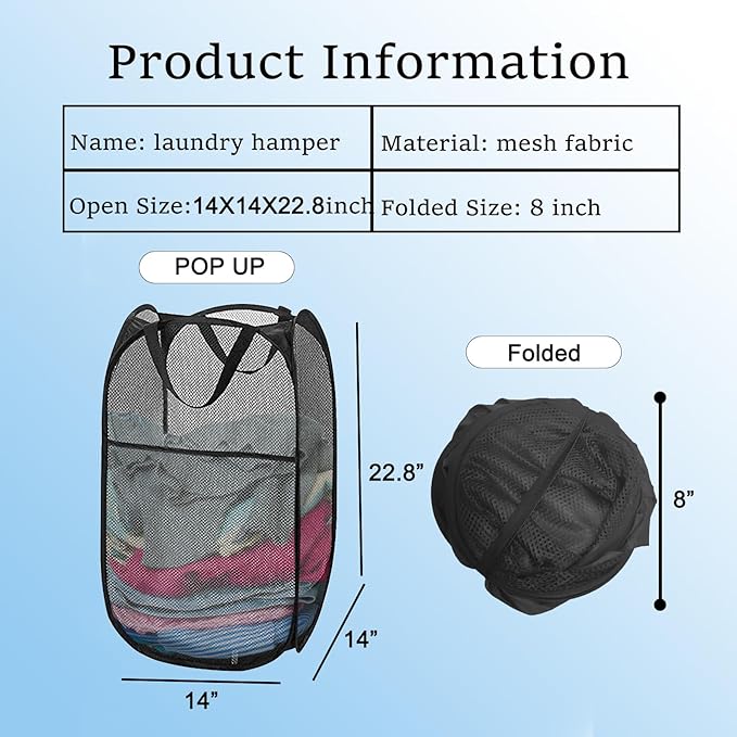 Pack of 2 Pop Up Mesh Laundry Hamper for Cruise, Collapsible Laundry Basket Space Saving, Large Side Pocket, Easy to Carry Handles