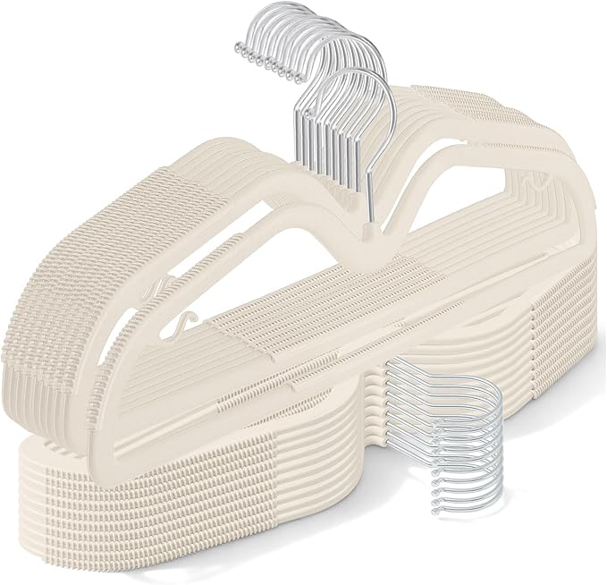 LemonRoad 50 Pcs Upgraded Plastic Short Neck Hangers, Anti-Slip Space Saving Hangers with 360 Swivel Hooks for Clothes, Smooth, Not Velvet (Warm Beige)