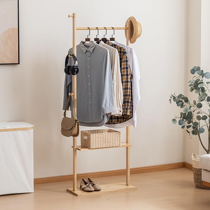 Clothes Rack Solid Wood Coat Rack with Shelves and Hooks – Garment Clothing Rack Coat Rack with Storage for Hallway, Bedroom, Living Room, 23.6 inch, Nature