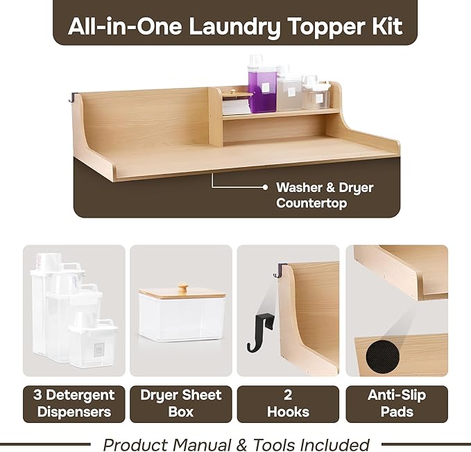 SOBHI | Solid Wood Washer & Dryer Countertop with Laundry Add-Ons | 54″ x 27″ Laundry Room Organization & Storage Topper | 3 Detergent Dispensers & Dryer Sheet Box | Oak Finish