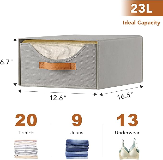 6 Pcs 16.5" Closet Drawers and Large Size Clothes Storage Bins Push-Out Storage Stackable Shelf Drawers with See-Through Window Closet Organizers for Bedroom, Living Room, Under Bed, Grey