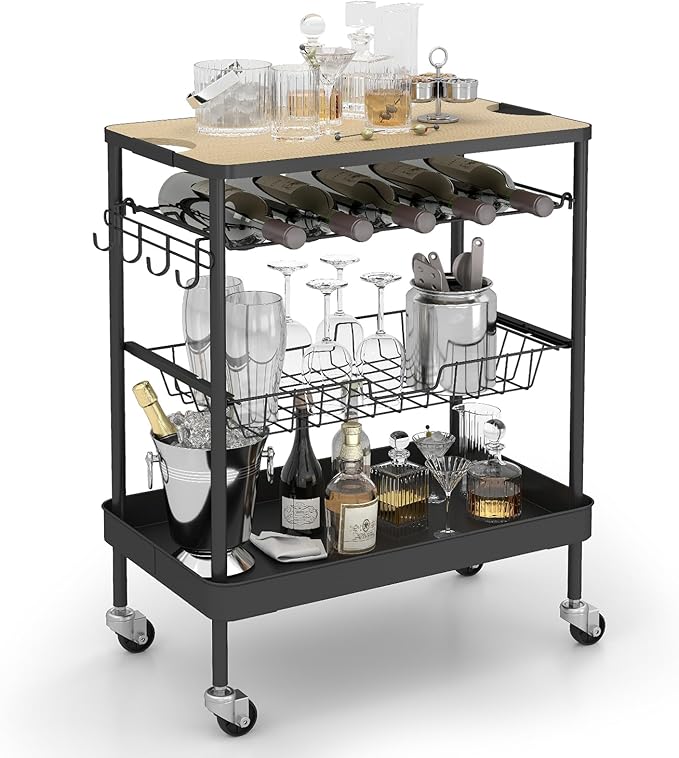Sekey Rolling Kitchen Cart with Wine Rack, Bar Cart, Home Bar Serving Cart on Wheels with Hook, Mobile Beverage Microwave Carts, for Home, Living Room, Dinning Room, Black and Light Brown