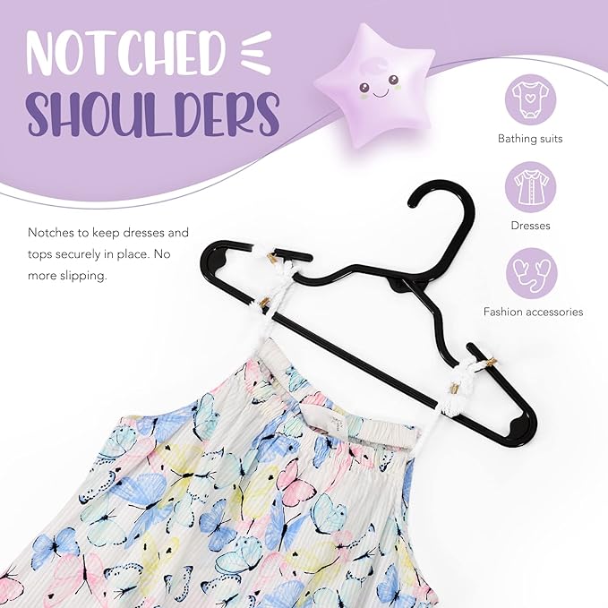 HOUSE DAY Baby Hangers 100 Pack - Durable Plastic Infant & Kids Clothes Hangers, Thin Compact Space-Saving Design for Nursery/Children's Closet, Toddler Small Hangers Black (Infant/Baby/Toddler/Kids)