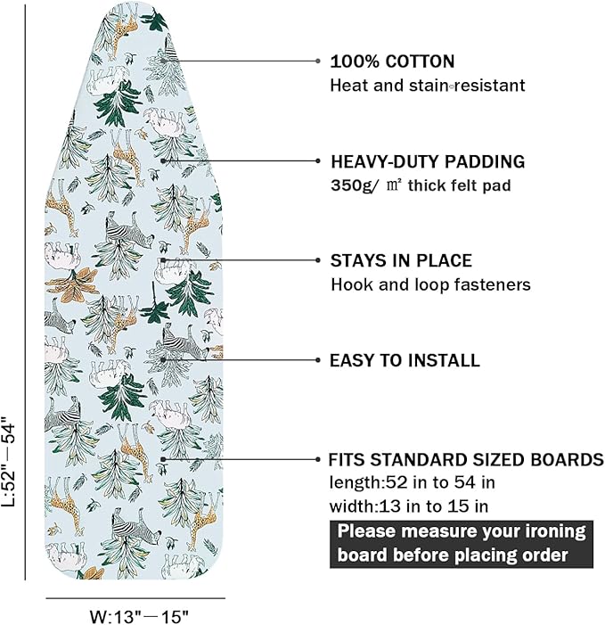 Ironing Board Cover and Pad Standard Size 15 x 54,3 Pairs of Hook and Loop Fastener Straps,Elastic Edges,2 Layers Ironing Board Cover with Thick Padding (F Pattern)