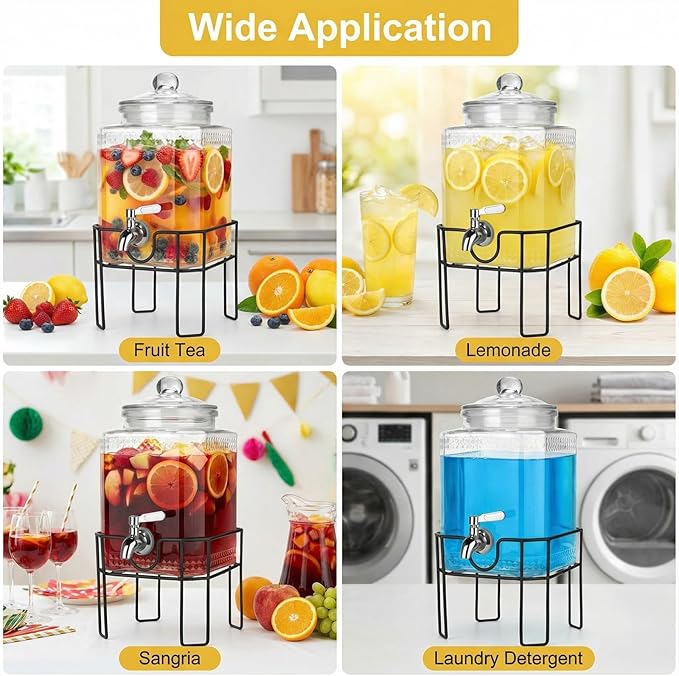 Drink Dispenser, Drink Dispensers for Parties, 1 Gallon Glass Beverage Dispenser with Stand and Glass Lid, 100% Leakproof Spigot, Ideal for Lemonade, Juice, Iced Tea, Laundry Detergent