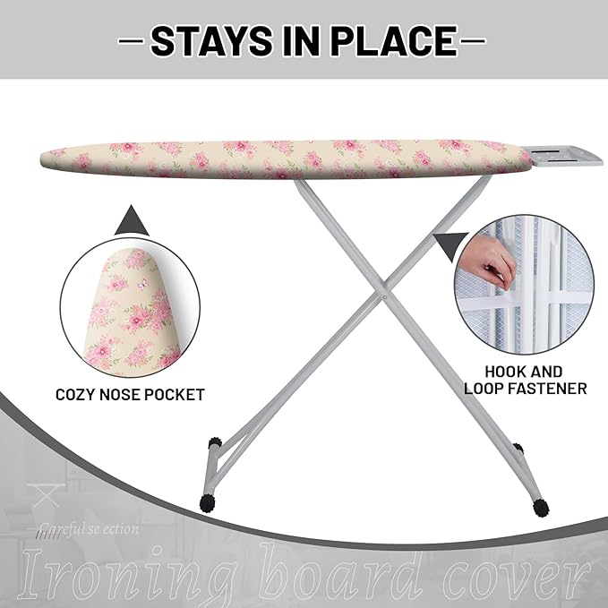 Extra Thick Ironing Board Cover and Pad, 15x54 Ironing Board Cover, Resist Scorching and Staining,Elastic Edges,Floral Spring Pink