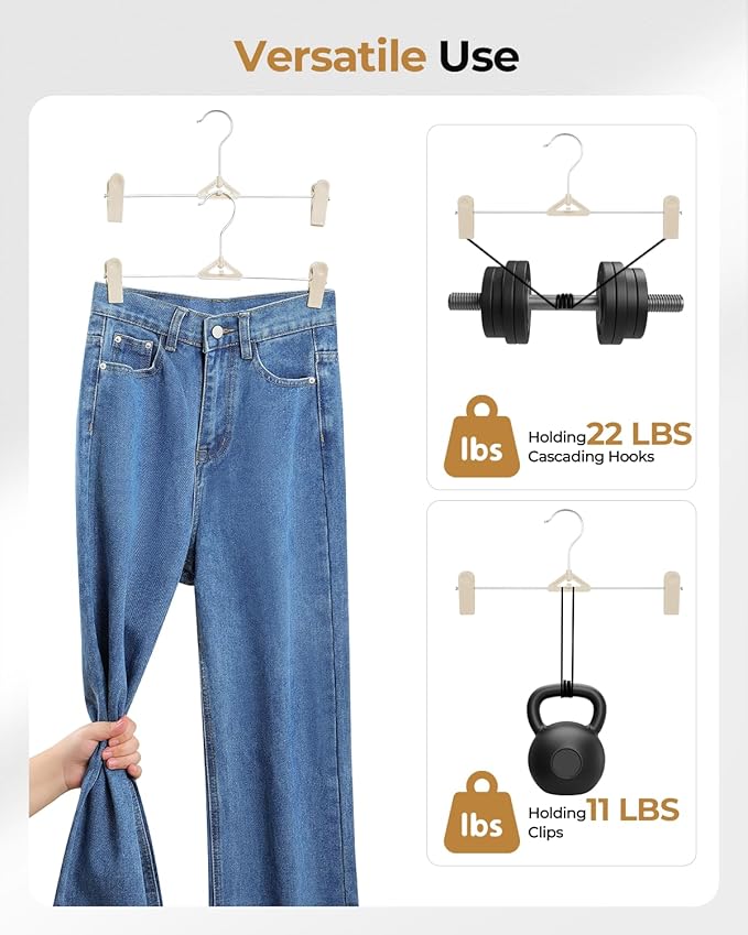 Pants Hangers with Clips 50 Pack - Space Saving Stackable Shorts Skirt Hangers with Clips - Non-Slip, Adjustable for Men, Women, Kids, Children, Baby, Beige