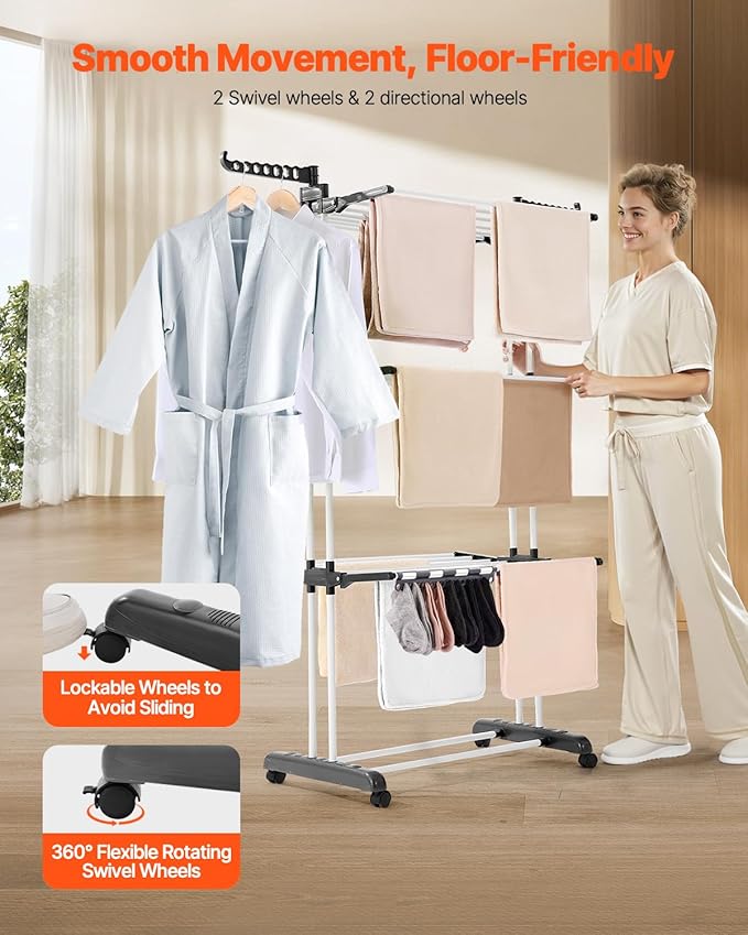 VEVOR Clothes Drying Rack, 4-Tier Foldable Laundry Dryer Rack, Metal Drying Racks with 24 Drying Rods, Free-Standing and Portable Hanger with 4 Castors and Two Side Wings for Outdoor & Indoor Use