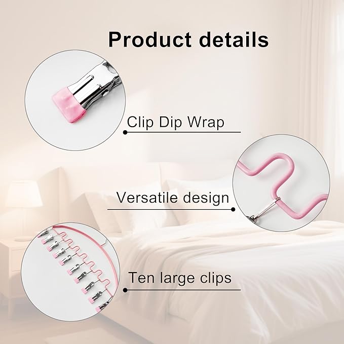 Legging Organizer for Closet,Metal Wave Design Pants Hanger with 10 Clips 7 Hooks, Closet Storage for Pants, Skirts, Hats (Pink, 1Pack)