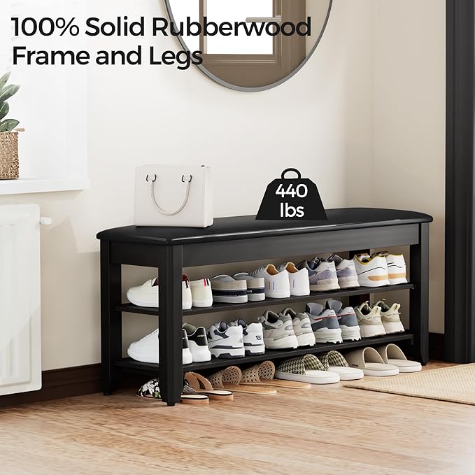 Shoe Rack Bench with Flip-Top Storage, Solid Wood Entryway Bench with Cushion, Adjustable Shelf, for Hallway, Mudroom, Closet – Black, 39.4"