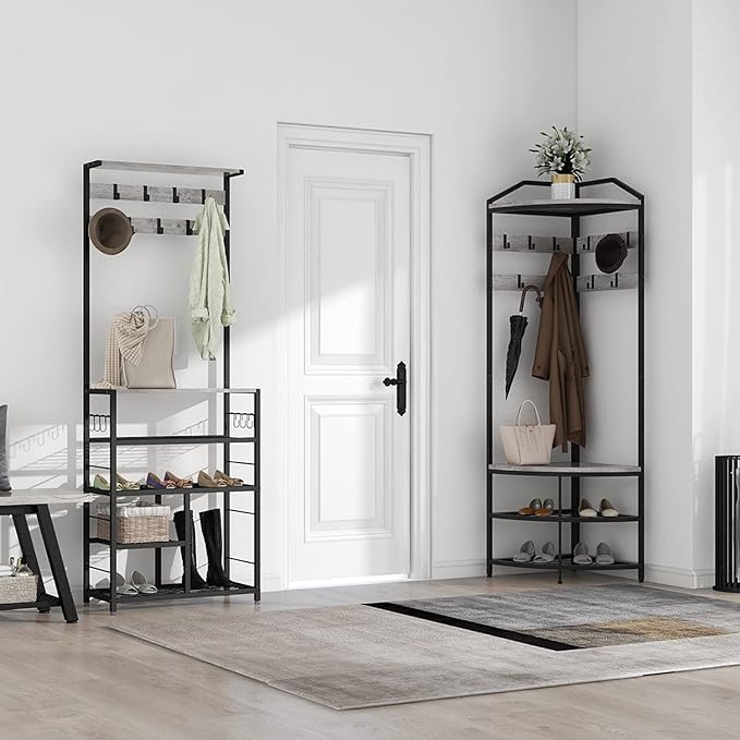 GiftGo Grey Corner Hall Tree with Shoe Bench Entryway Coat Rack with 10 Metal Movable Hooks Rustic Farmhouse Floorstanding Clothes Rack Shoes Shelf Organizer for Home Office Bedroom (Greige)