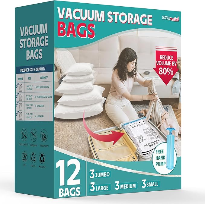 12 Pack Vacuum Storage Bags, Space Saver Compression Bags for Clothing, Comforters, Blankets, Vacuum Seal Bags with Hand Pump. (3×Jumbo, 3×Large, 3×Medium, 3×Small)