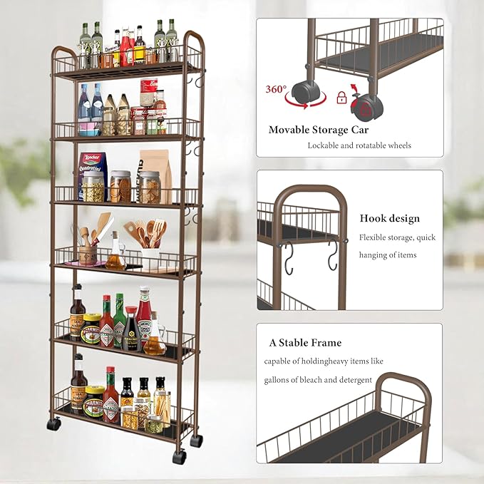 6in 6-Tier Slim Storage Cart with Wheels, Narrow Rolling Shelf,Sturdy Slim Storage Ideal for Kitchen, Bathroom, and Laundry Room (Champagne Gold)