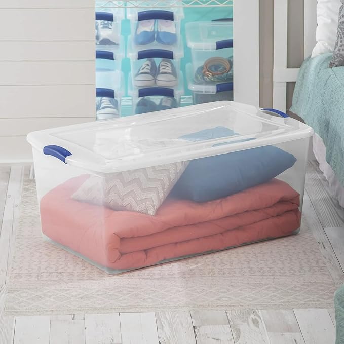 105 Qt. Latch Box Plastic Storage Bin Tote Organizing Container With Durable Lid, Stackable and Nestable Snap Lid Plastic Storage Bin, 1 Pack, Clear With Blue Buckle