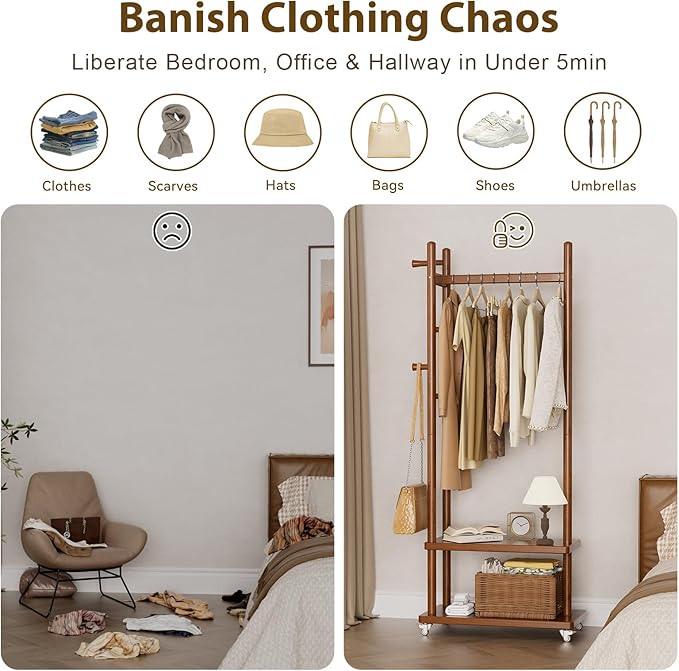 Coat Rack Freestanding Clothing Rack with Wheels, Coat Tree Freestanding Heavy Duty with 2 Storage Shelves and 5 Hooks, Wood Garment Rack for Corner Bedroom Hallway Entryway Living Room Hotel