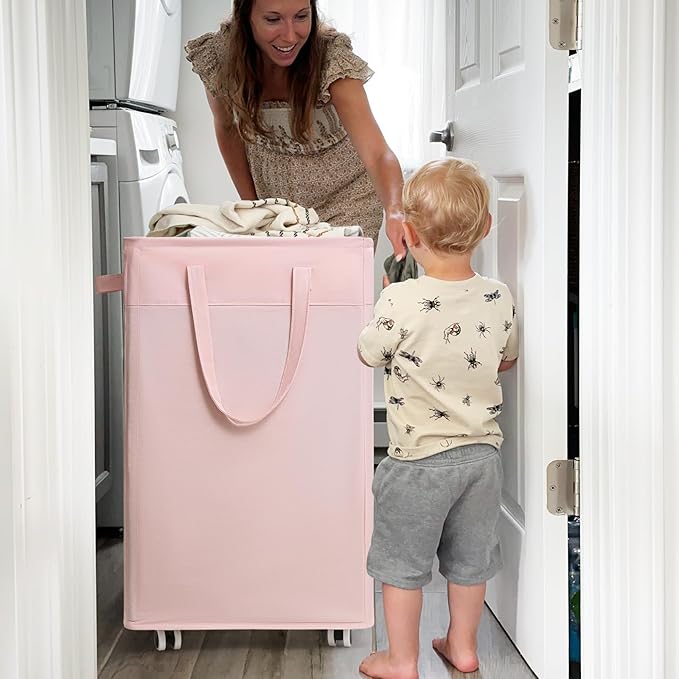 CHICVITA 2-Pack Laundry Hamper with Wheels, 75L Collapsible Laundry Basket with Removable Wash Bags, Pink Laundry Hamper for Corner Dorm, Rolling Laundry Basket on Wheels