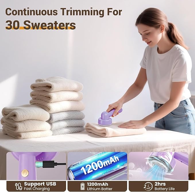 DBC Rechargeable Fabric Shaver and Lint Remover,2.7" Sweater Shaver with 3-Speeds and 6-Leaf Blades, 2hours runtime, 2 Replaceable Blades, Battery Operated,Remove Pilling, Furniture,Fuzz,Lint Ball