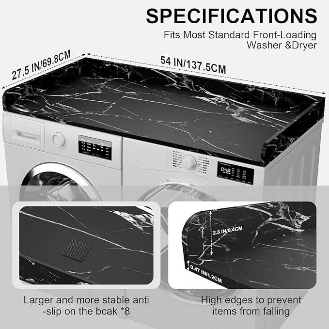 Washer Dryer Countertop, 27.5 x 54 Inch Washer and Dryer Countertop for Laundry Room Organization with Edge Wooden, Black Marble