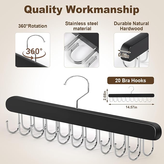2 Pack Tank Top Hanger, 40 Hooks Large Capacity Bra Hanger for Closet Organizers & Storage, Bra Organizer Closet, Tank Top Hangers Space Saving for Sports Bras, Tank Top (Black, 2 Pack)