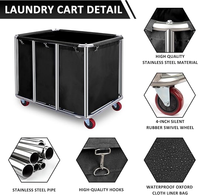 Commercial Laundry Cart with Wheels,Industrial Laundry Cart 11.35 Bushel(400L),Commercial Laundr Basket with Stainless Steel Frame and Oxford Cloth,440LB Load