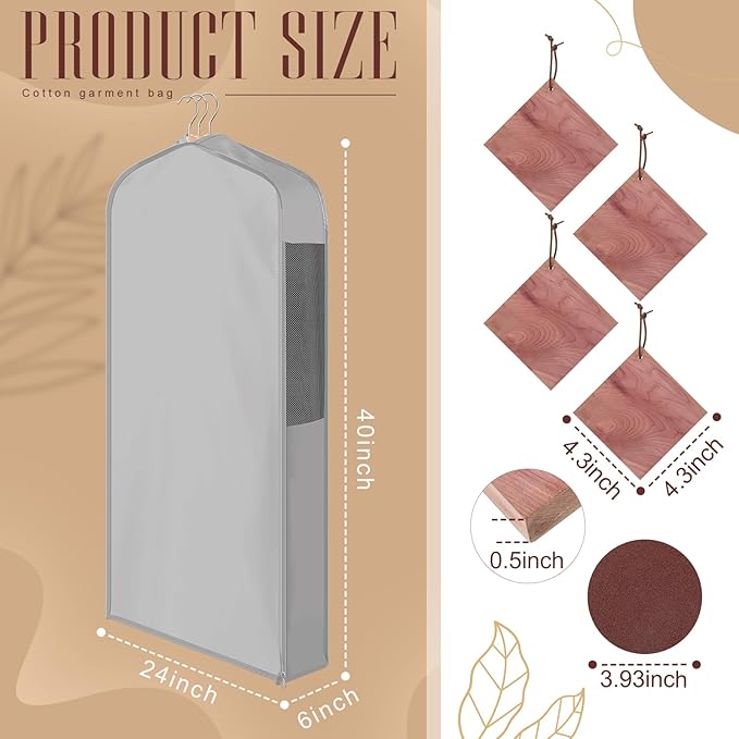 1 Set 40'' x 24'' x 6'' Short Cotton Garment Bags for Hanging Clothes and Storage, 4 Cedar Blocks for Fresh Smell and Moth Protection, Breathable Covers for Closet Suits Fur Coats Sweaters