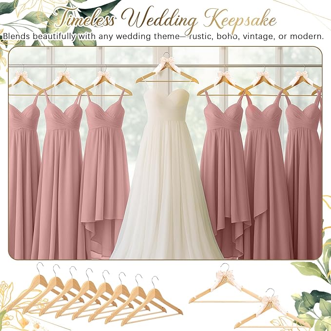 Geelin 8 Pcs Bride Dress Hanger and Bridesmaid Hangers for Wedding Ribbon Bow Pearl Elegant Wooden Mrs. Hangers for Bridal Keepsake Bridal Shower Wedding Day Gift