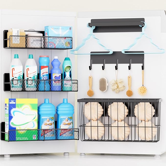 6 Pack Magnetic Shelves for Washing Machine, Magnetic Spice Rack Organizer for Refrigerator, Magnetic Shelf with Hanger Organizer, Metal Magnetic Basket, Laundry Organization and Storage, Black