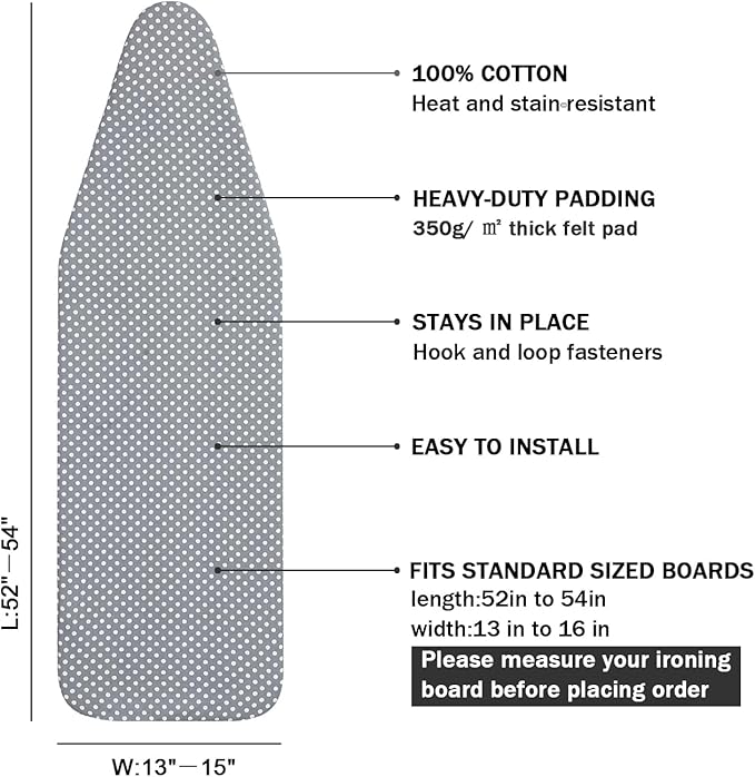 Ironing Board Cover and Pad Standard Size 15 x 54,3 Pairs of Hook and Loop Fastener Straps,Elastic Edges,Cotton Iron Board Cover with Scorch Resistant Thick Padding (Pattern E)