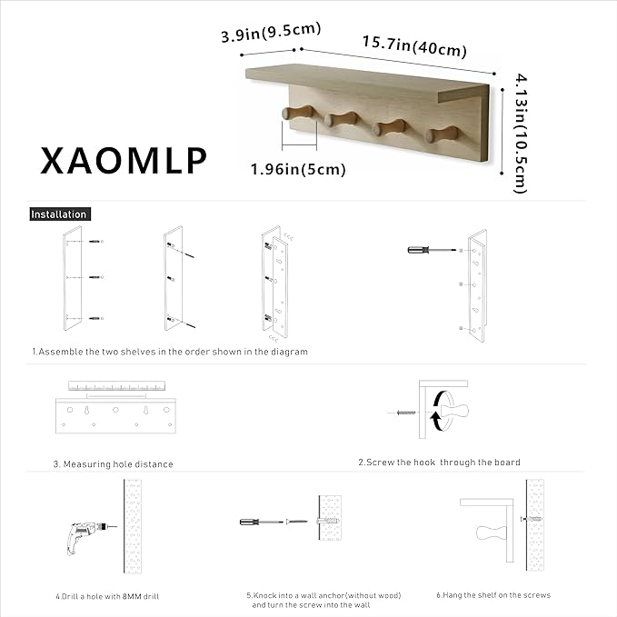 Entrance Coat Rack ，Coat Hooks, Wall-Mounted Wooden Hook Rack, Wall-Mounted Shelves are Very Suitable (Birch Color Finish—A-1)