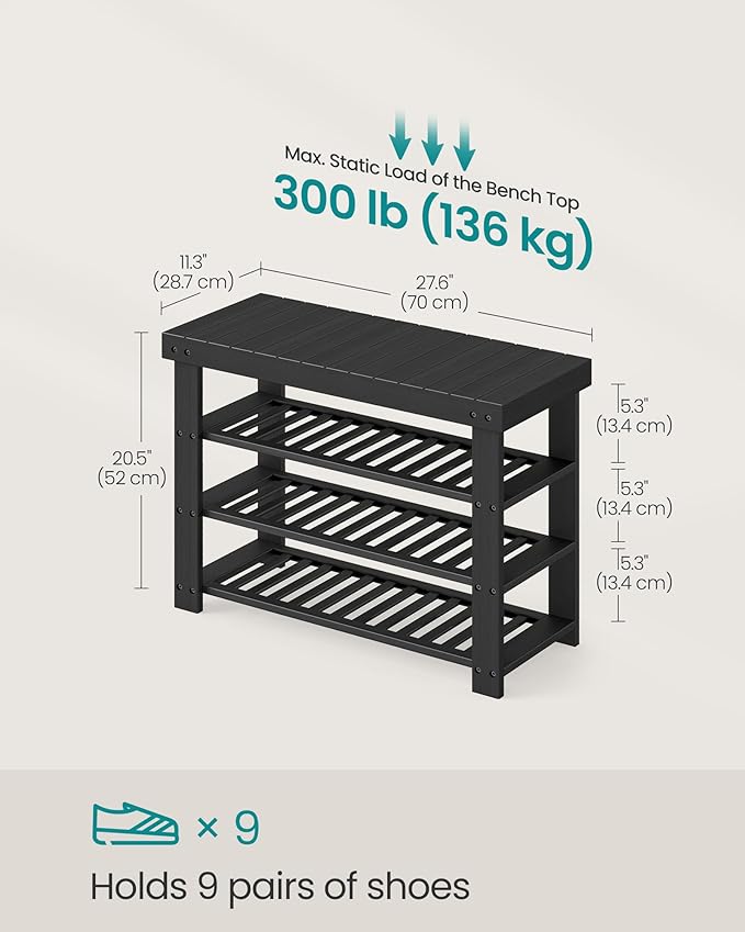SONGMICS Shoe Rack Bench, 4 Tier Bamboo Shoe Storage Organizer, Entryway Bench, for Living Room, Bathroom, Bedroom, 11.3 x 27.6 x 20.5 Inches, Ink Black ULBS370BH01