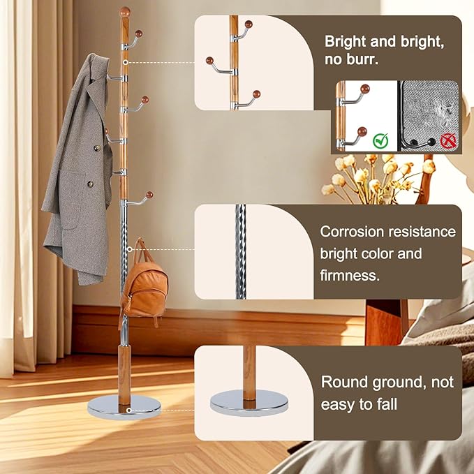 Wood Coat Rack Freestanding with 11 Hooks, 67 Inches Adjustable Height Coat Rack Stand, Vintage Hall Tree Coat Racks with Stable Round Base for Entryway, Bedroom (Solid Wood Metal Hook)