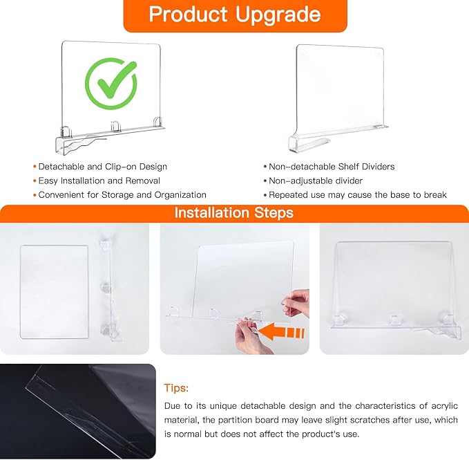 Fixwal 6 PCS Detachable Acrylic Shelf Dividers for Closet Organization Clear Shelf Divider for Closet Organizers and Vertical Purse Organizer for Closet, Bedroom, Kitchen, Office, Cabinets, Bathroom