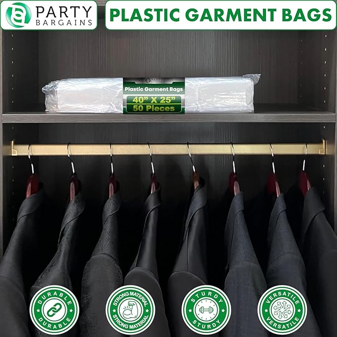 PARTY BARGAINS 40 x 25 Inch Disposable Clear Garment Bags, 50 Pack – Heavy-Duty Plastic Clothes Covers for Suits Dresses Coats, Closet & Travel