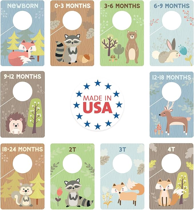 Woodland Closet Clothing Size Dividers / 4" x 6" Closet Organizers for Newborn Baby to 4T Clothes / 10 Forest Animal Baby Closet Size Dividers