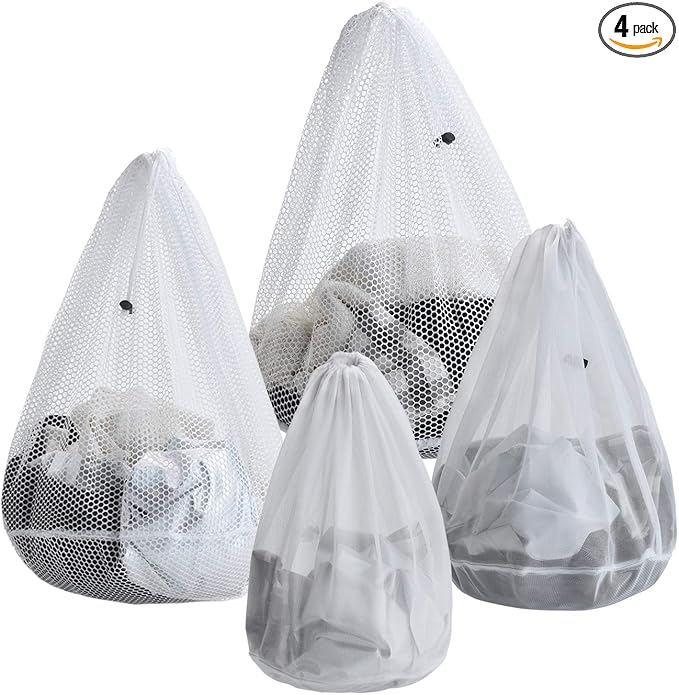 Mesh Laundry Bags, Pack of 4 Durable Drawstring Laundry Washing Bags for Delicates, Garments, Lingerie, Socks, Bras and Baby Clothes(White)