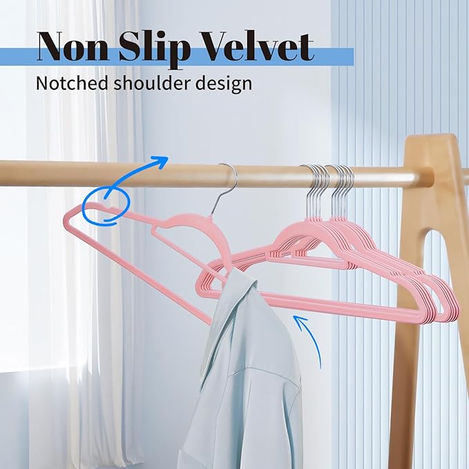 Smartor Pink Velvet Hangers 60 Pack, Space Saving Clothes Hangers with Tie Bar, Non-Slip Felt Hangers with Shoulder Notches, Heavy Duty Suit Hangers for Coat, Shirt, Pants, Dress