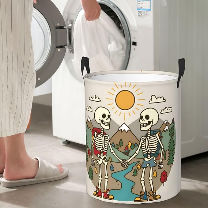 Skeleton Mountain Design Laundry Basket, Foldable Oxford Cloth Funny Tote Bag Laundry Hamper Clothes Storage Bucket Organizer, For Bathroom/Laundry Storage/Bedroom 19.6x15.7 Inch