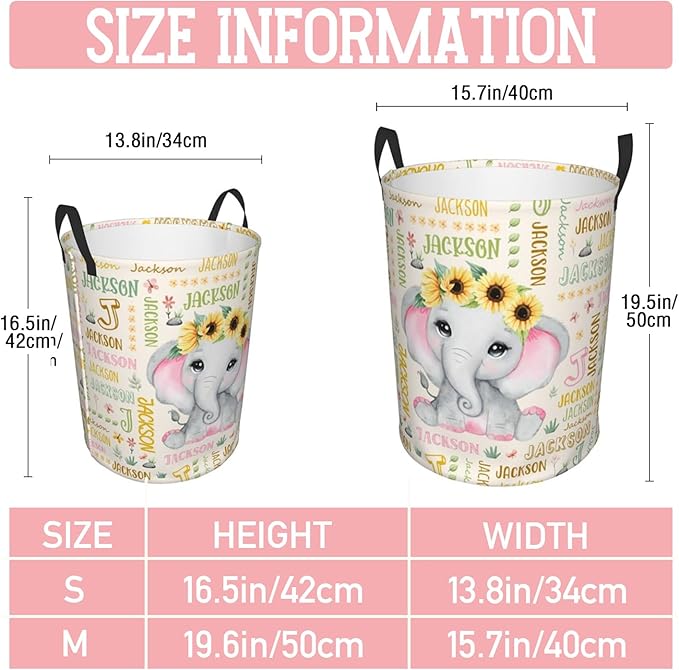 Elephant Laundry Basket,Custom Laundry Hamper with Name,Personalized Elephant Gifts for Boys Girls,Customize Collapsible Laundry Basket for Bedroom Bathroom,S-16.5"x 13.8"