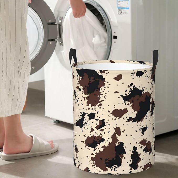 Highland Cow Texture Round Laundry Hamper Cowskin Print Storage Basket Toys Clothes Organizer Bin For Home Bathroom Bedroom Dorm Nursery, 62l