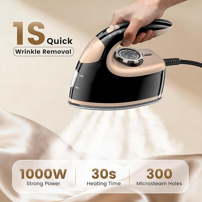 MIYOKO Mini Steam Iron for Clothes, 1000W Portable Small Iron, with Non-Stick Soleplate, 25G/Min High Speed Steams, 90ML Water Tank, 110-120V for Home Travel Sewing and Quilting, Black & Gold