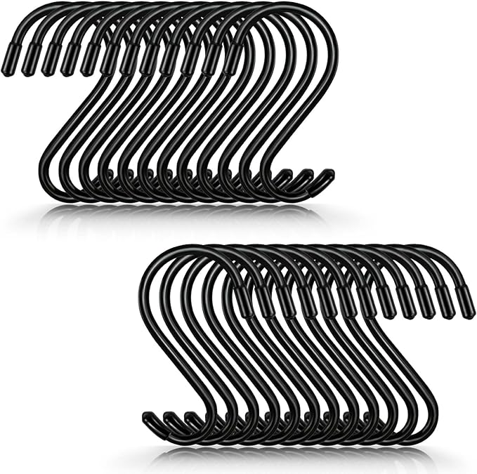 4 Inch 24 Pack Heavy Duty S Hooks - Vinyl Coated Non Slip, Black - Pot Rack, Closet, Kitchen, Plants, Clothes, Utensil, Pots, Pans, Bags