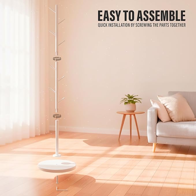 Coat Rack Freestanding Metal Clothing Rack – Modern Clothes Organizer with 8 Coat Hooks – Space-Saving Hall Tree for Entryway, Bedroom, Office – Sturdy Minimalist Coat Hanger & Garment Rack (White)
