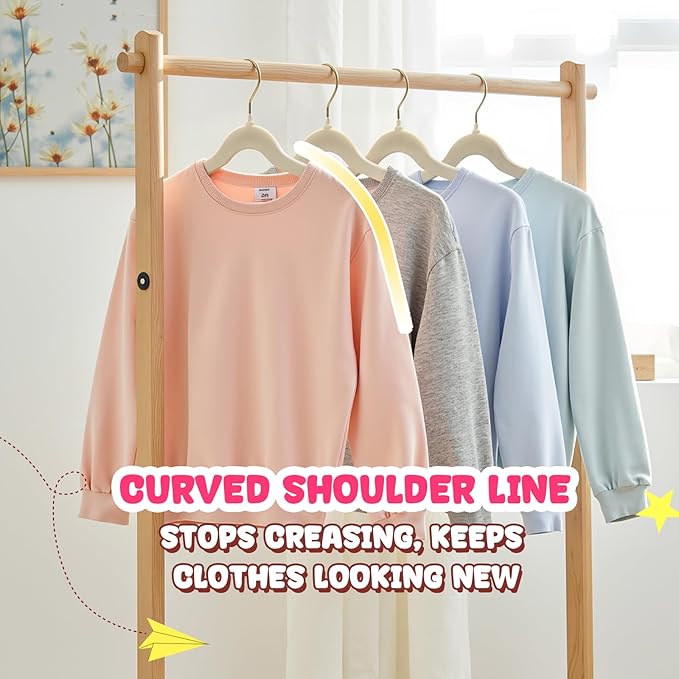Korpai 50 Pack Kids Velvet Hangers 14 Inch, Non-Slip, Ultra Slim,Space-Saving Kids Hangers with 360° Swivel Hook, 7LBS Capacity, Kids Clothes Hangers Ideal for Youth's Dresses/Shirts/Coats, Beige