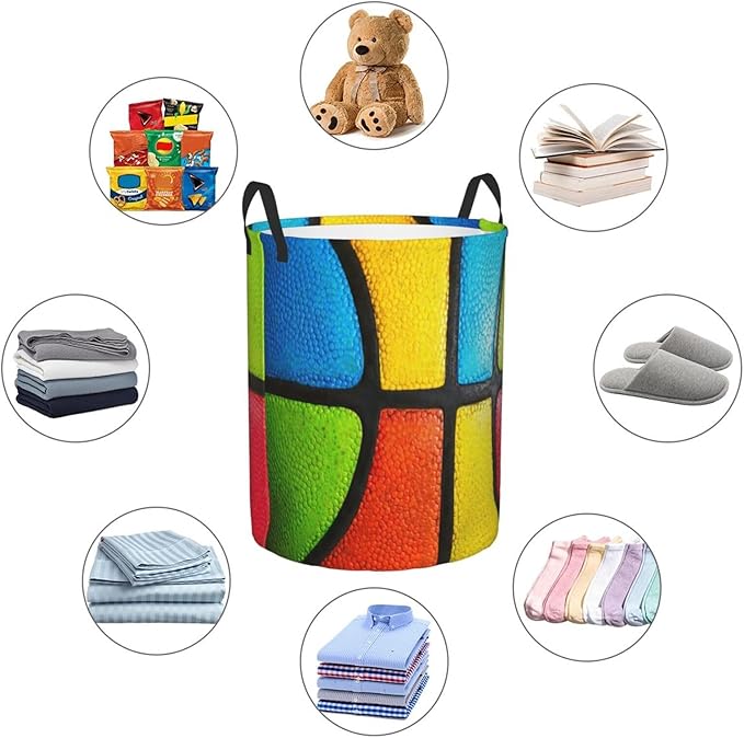 Basketball Texture Colorful Round Laundry Hamper Sport Ball Storage Basket Toys Clothes Organizer Bin For Home Bathroom Bedroom Dorm Nursery, 62l