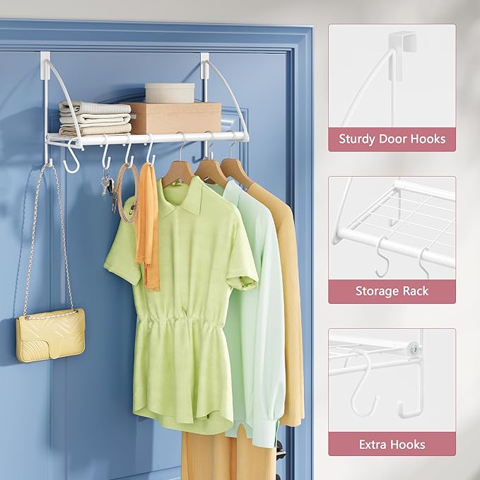 Tajsoon Over The Door Hanger with Storage Rack and 6 Hooks, Over The Door Clothes Rack for Hanging Coat, Over Door Clothes Hanger for Bathroom, Bedroom, Living Room, White